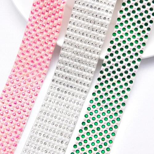 2.8cm*40cm/Piece 10rows Rhinestone Trim With Clear Crystal +Pearls Hot-Fix Self-Adhesive Wedding Dress Cosmetic Box Decoration