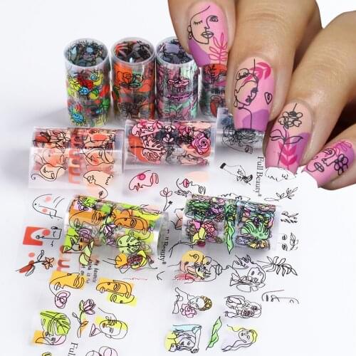 Abstract Girls Face Sticker Transfer Foils Simple Lines Painting Flower Leaves Sliders on Nails Charm Decoration Decals BEFB2021