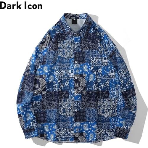 Dark Icon Bandana Mens Shirt Long Sleeve Turn-down Collar Shirts for Man Autumn Male Top