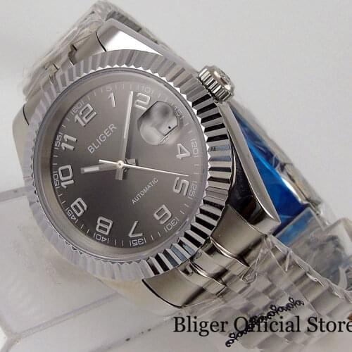 BLIGER Grey Mechanical Self Winding Men Watch Sapphire Glass 21 Jewels MIYOTA 8215 Fluted Bezel Brushed Bracelet Screw Corwn