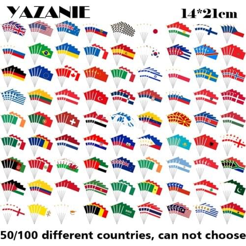 YAZANIE 14*21cm 100pcs Different Countries Hand Flags Random Shipment Small Printed Polyester National Countries Hand Held Flag