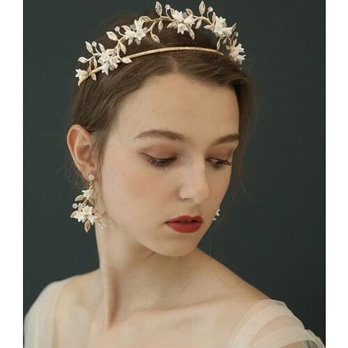 Ceramic flower Wedding Hair Crown Tiara Gold Leaf Bridal Hairband Hand wired Women Party Prom Hair Accessories