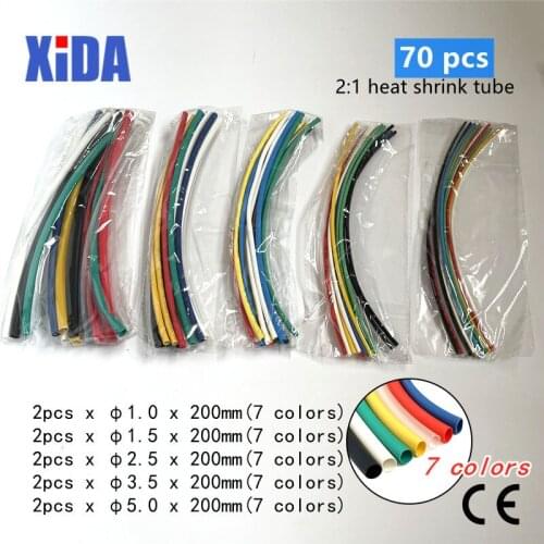 70pcs 2:1 Heat Shrink Tube Kit Shrinking Assorted Polyolefin Insulation Sleeving Heat Shrink Tubing Wire Cable 5 Sizes 2:1