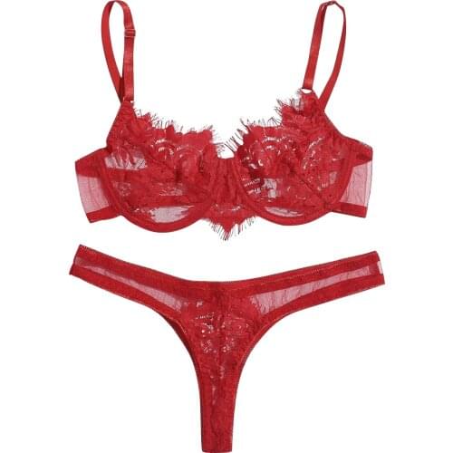 Lingerie Set Womens Sexy Flower Embroidery Lace Erotic Lingerie Sets Female Bra And Panties Suit Transparent Underwear Women