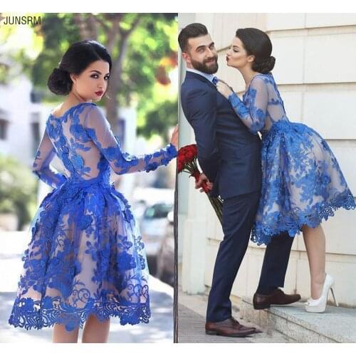 Illusion Royal Blue Long Sleeves Lace Arabic Cocktail Dresses Scoop Knee Length A Line Short Homecoming Party Prom Gowns
