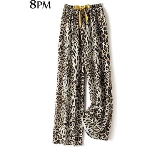 Summer Elastic Waist Beach Pants Fashion Leopard Print Wide Leg Homewear Pants Cotton Soft Loose Sleeping Bottoms Pants Pajamas