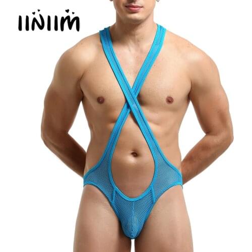Mens Racer Back Crisscross Wrestling Singlet Bodysuit Front Bulge Pouch Sheer Mesh Leotard Jockstrap Sexy Underwear Jumpsuits