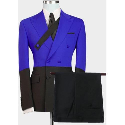 2021 Mens Suit Royal Blue Black Formal 2 Piece Slim Fit Double breasted Peaked Lapel Prom Tuxedo Wedding Groomsmen Blazer+Pants
