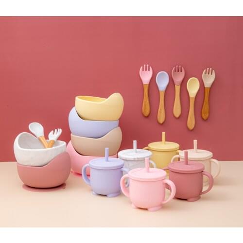 Baby Silicone Plate Tableware Kids Suction Bowl Plates Baby Feeding Silicone Bowl Straw Cup Fork Dishes Childrens Tableware Set