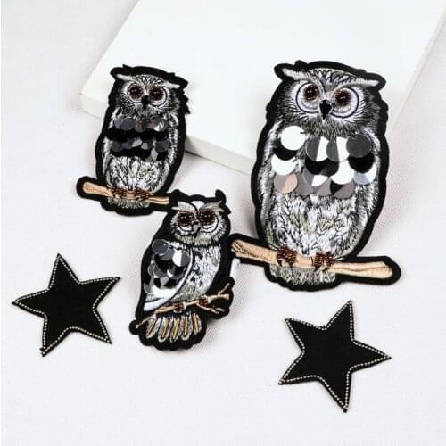 Owl sequins rhinestones beaded brooch patches applique crystal fabric sew on patch fashion clothing bags decoration patch