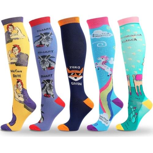 High Quality Novelty Mild Compression Socks Men Women Kawaii Cartoon Fox Rainbow Horse Giraffe Anti-Fatigue New Year Socks 2021