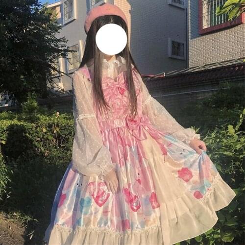 Origional Japanese Lolita Lollipop Doll Sweet Bow JSK Strap Ruffle Dress Female Autumn kawaii clothing sweet lolita dress loli