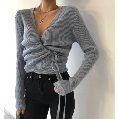Autumn Women Sweater Long Sleeve V Neck Lace Up Women Tops Fashion Bandage Knitted Sweaters Women Cardigans Gray Blue Khaki