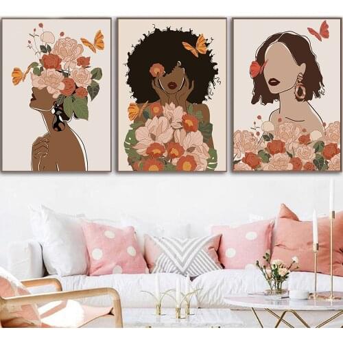 Flower Woman Head Canvas Poster Nordic Black Skin Boho Wall Art Prints Painting Modern Decorative Picture Living Room Decoration