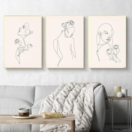 Nordic Minimalist Woman With Flowers Line Art Body Nude Wall Canvas Paintings Drawing Posters Prints Decoration for Living Room