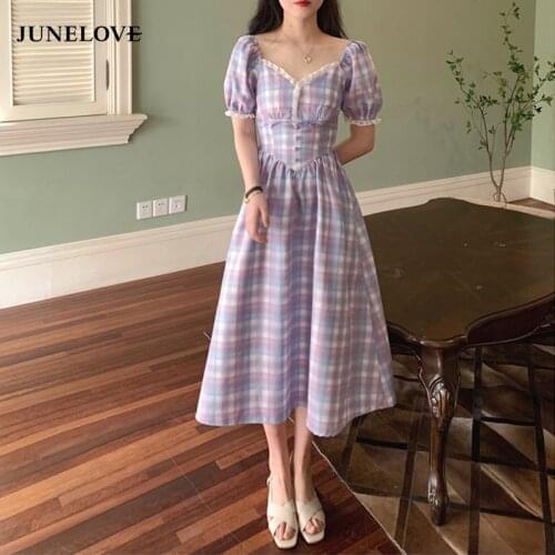 JuneLove Women Plaid Purple Puff Sleeve Elegant Dress Square Collar High Waist Madi Dress Vintage Holiday Lady Beach Vestidos