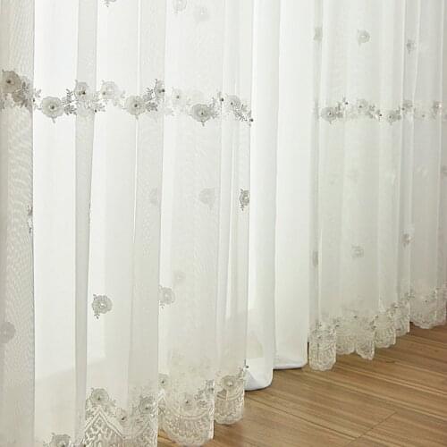 White Pearl Embroidered Floral Sheer Curtain for Living Room Delicate Wave Bottom Organza Bay Window Treatments Drapes M189C