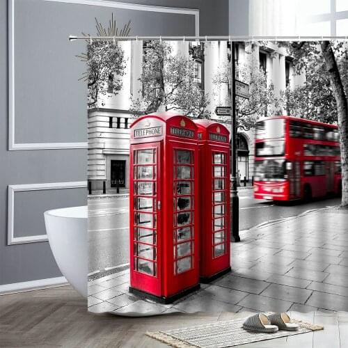Retro Shower Curtain London Red Telephone Booth Train Bathroom Waterproof Polyester Curtains Bathtub Art Home Decor Bath Screen
