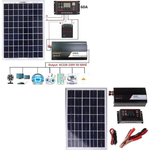 18V 20W Solar Panel Power System + 12V / 24V Digital Controller + 1000W Inverter Kit for Outdoor Home