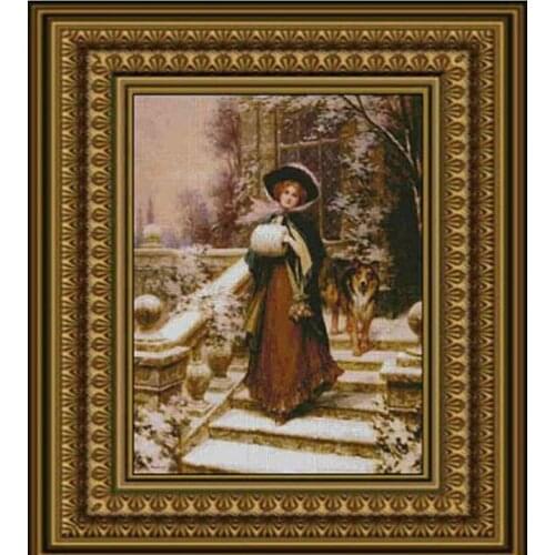 Snow Day, Lady High Quality Winter Rose Needlework,14CT Cross stitch,Embroidery kit Canvas Patterns Cross-Stitching,DIY Handmade