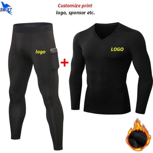 2020 Winter Warm Fleece Men Running Set with Mobile Pocket Quick Dry Stretch Gym Fitness Training Tracksuits Sport Suits Custom