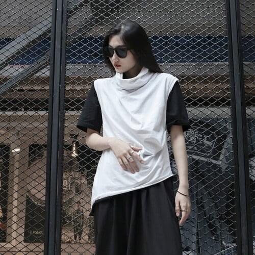 Ladies' new summer Black and white high neck Plus-size ladies' pile collar mountain style personality sleeveless T-shirt