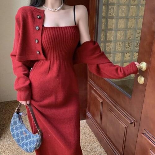 High Quality Autumn Winter Casual Knitted Two Piece Set Women Crop Top Sweater Cardigan Coat + Sexy Lace Up Long Dress Suits
