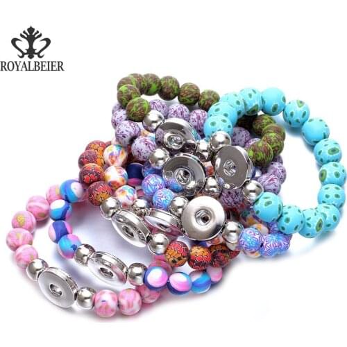 10pcs/lot Multi Color Soft Clay Stretched Beaded Snap Bracelet Beads Bracelet Fit 18mm Snap Button 20mm Snap Jewelry SZ0487