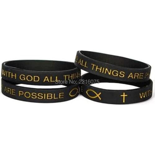 300pcs With GOD All Things Are Possible Black Adult silicone wristband rubber bracelets free shipping by DHL express