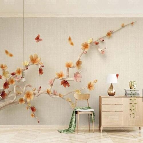 3D Embossed Plum Cherry Blossom Butterfly Flower Wallpaper Murals Wall Paper Roll for Living Room Wall Decor Painting Custom