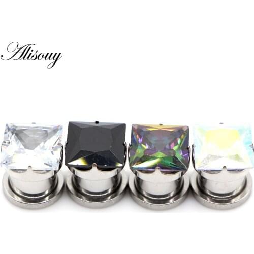 Alisouy 2pc Stainless Steel Square Crystal Ear Tunnel Plug Ear Gauge Plug And Tunnel Ear Stretcher Tunnel Plug piercing Jewelry