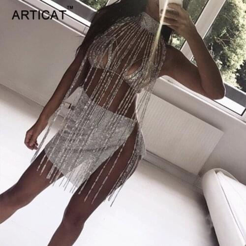 Articat Sexy Sparkle Tassel Crystal Diamonds Outfits Sexy Hollow Out Turtleneck Sequins Party Dresses Clubwear Birthday Outfits