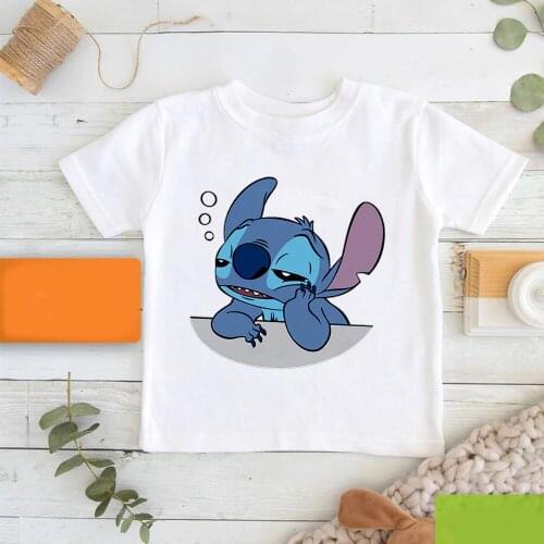 Disney Cartoon Pattern White Fashion T Shirts Kids Dropship Outdoor Lilo & Stitch Children T-shirts Kawaii Short Sleeve Printing