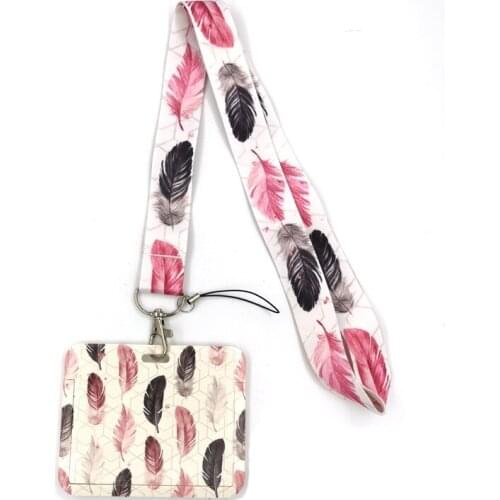 Black Pink Leaves Feathers Key lanyard Car KeyChain ID Card Pass Gym Mobile Phone Badge Kids Key Ring Holder Jewelry Decorations