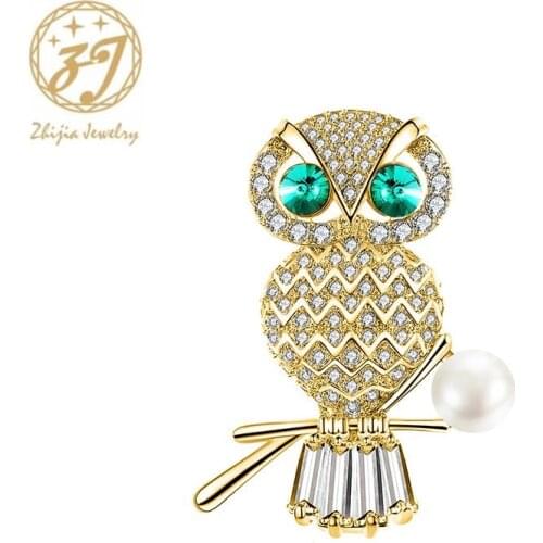 Zhijia golden silver animal owl pins brooches for women high quality crystal zircon brooches jewelry gifts