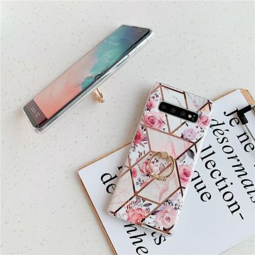 With Finger Ring Marble Flower Case For Samsung Galaxy S9 S10e S20 S21 plus Ultra Stand Back Cover Soft Silicone Flowers Coque