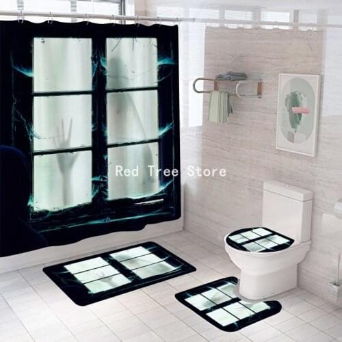 3D Printed Black Horror Pattern 180x180 Shower Curtain Pedestal Rug Lid Toilet Cover Mat Non-slip Carpet Bathroom Doormat Decor