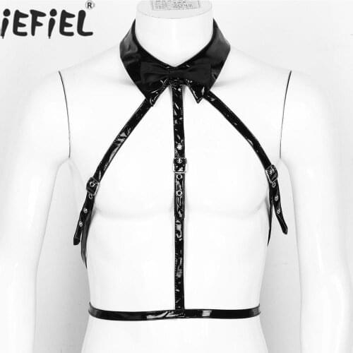 Men Sexy Body Chest Strap Wet Look Patent Leather Gothic Lingerie Halter Neck Tuxedo Bondage Harness Belt Cosplay Club Costume
