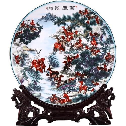 Jingdezhen Ceramic Deer Hang Dish Plate Blue and White Porcelain Decorative Plate Metope For Living Room Hotel