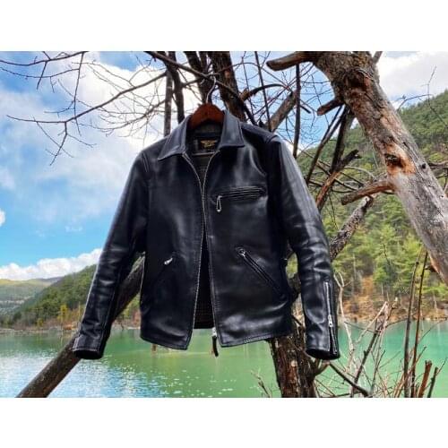 YR!Free shipping.Luxury 1.4mm thick horsehide jacket,classic vintage 1930,Mens black genuine leather coat,biker colthes