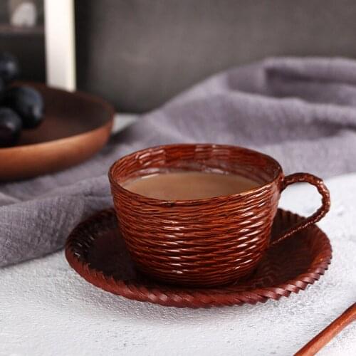 Fashion Bamboo Coffee Cup with Saucer Spoon Kit Woven Impermeable Leakage Coffee Cup