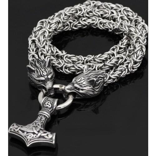 Fashion Personality Wolf Head and Viking Quake Hammer Pendant Nordic Amulet Necklaces for Mne Jewelry