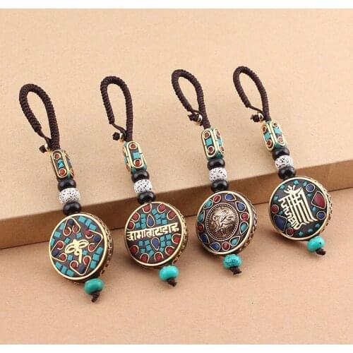 Nepal Fashion Ethnic Keychain Handmade Buddhist Scriptures Engraved Car Key Chain Key Holder Jewelry Buddhism Turquoise Amulet