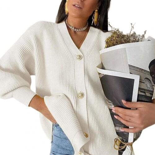2021 New Loose Single-breasted Knitted Cardigan One Size Lantern Sleeve V Neck Knitted Coat for Going Out