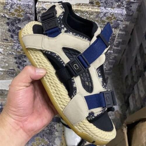 D family 2021 summer new sandals flat bottomed Velcro open toe leisure net red hemp rope same beach sandals women