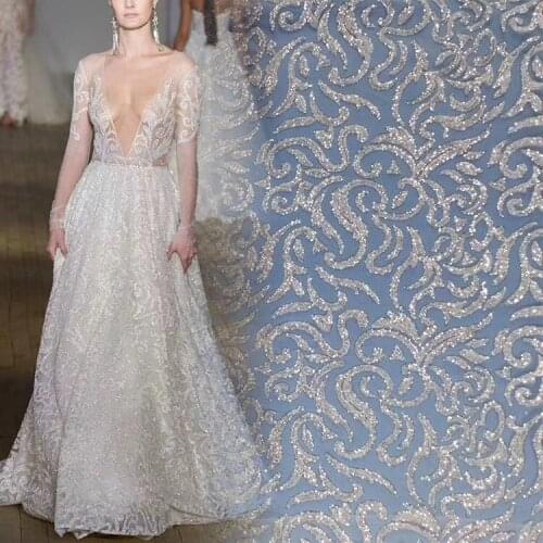 Good quality 5yards mx0101# crytstal sequin embroidery net mesh lace fabric for sawing evening bridal wedding dress