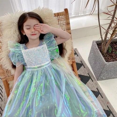 Mesh Patchwork Dress with Sequin 2021 Cute Summer Clothing Lantern Sleeve Girls Party Dress Mid-Calf Length Princess Dress