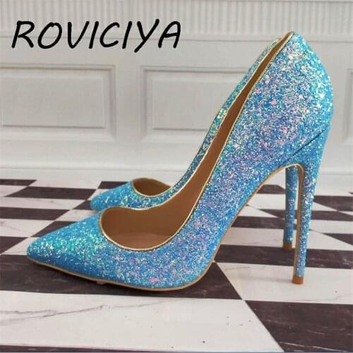 Blue Glitter Shiny Shoes Woman Pointed Toe High Heel Stilettos 12 cm Women Pumps LF003 ROVICIYA