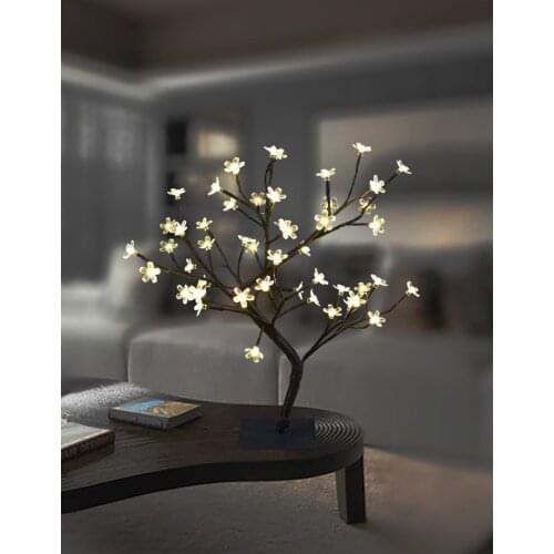Luminarias LED Cherry Blossom Tree Branches Night Lights Crystal Table Lamps Bedside Party Wedding Indoor Home Decor Lighting