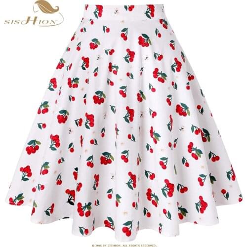 SISHION Beige Cherry Print Floral Skirt VD0002 Cotton High Waist Swing Rockabilly Vintage Skirts Summer Plus Size Midi Skirt